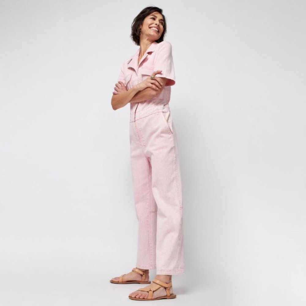 FAHERTY Blythe Denim Utility Sun Washed Cotton Jumpsuit Pink M